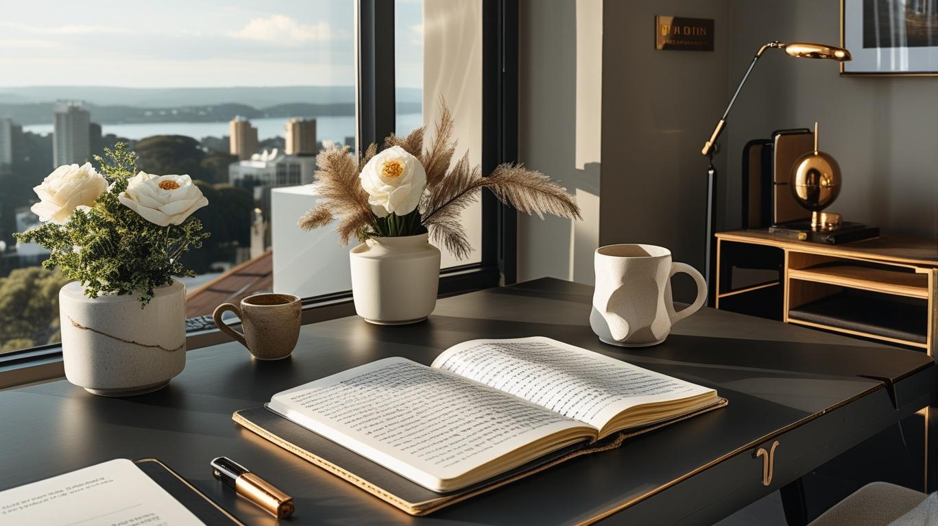 Professional woman at minimal desk in Sydney apartment at golden hour