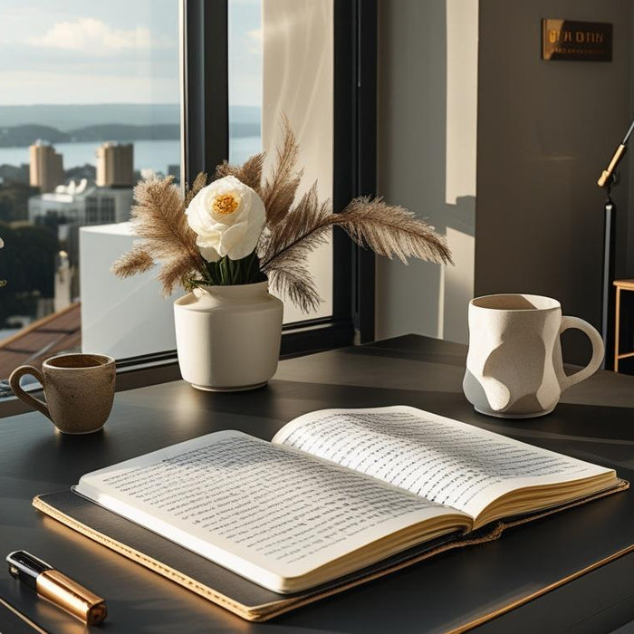 Professional woman at minimal desk in Sydney apartment at golden hour